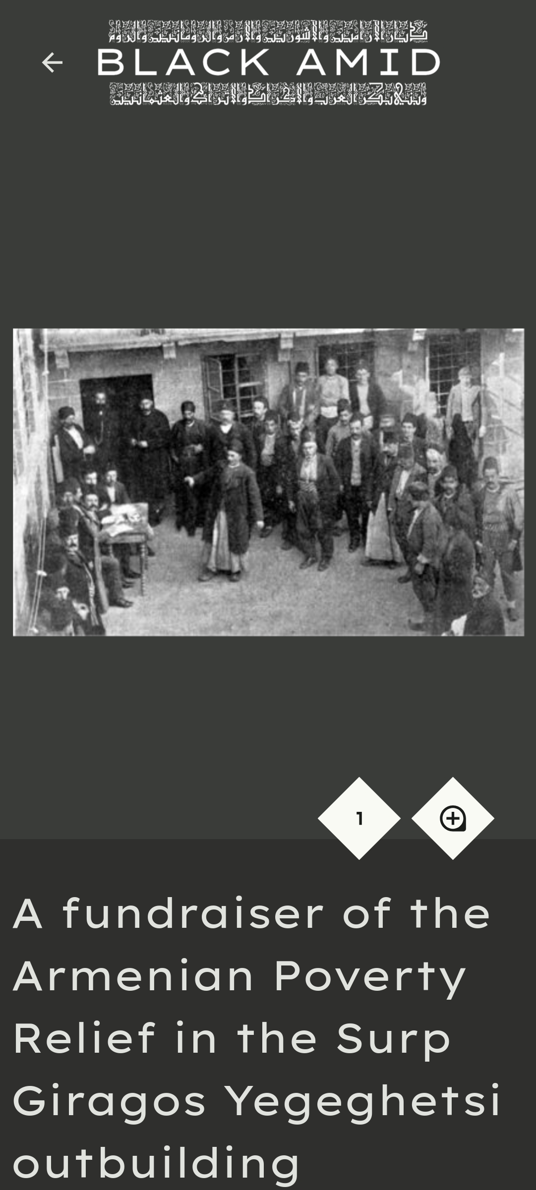 Image page of the Black Amid website, showing an image labeled 'A fundraiser of the Armenian Poverty Relief in the Surp Giragos Yegeghetsi outbuilding'
