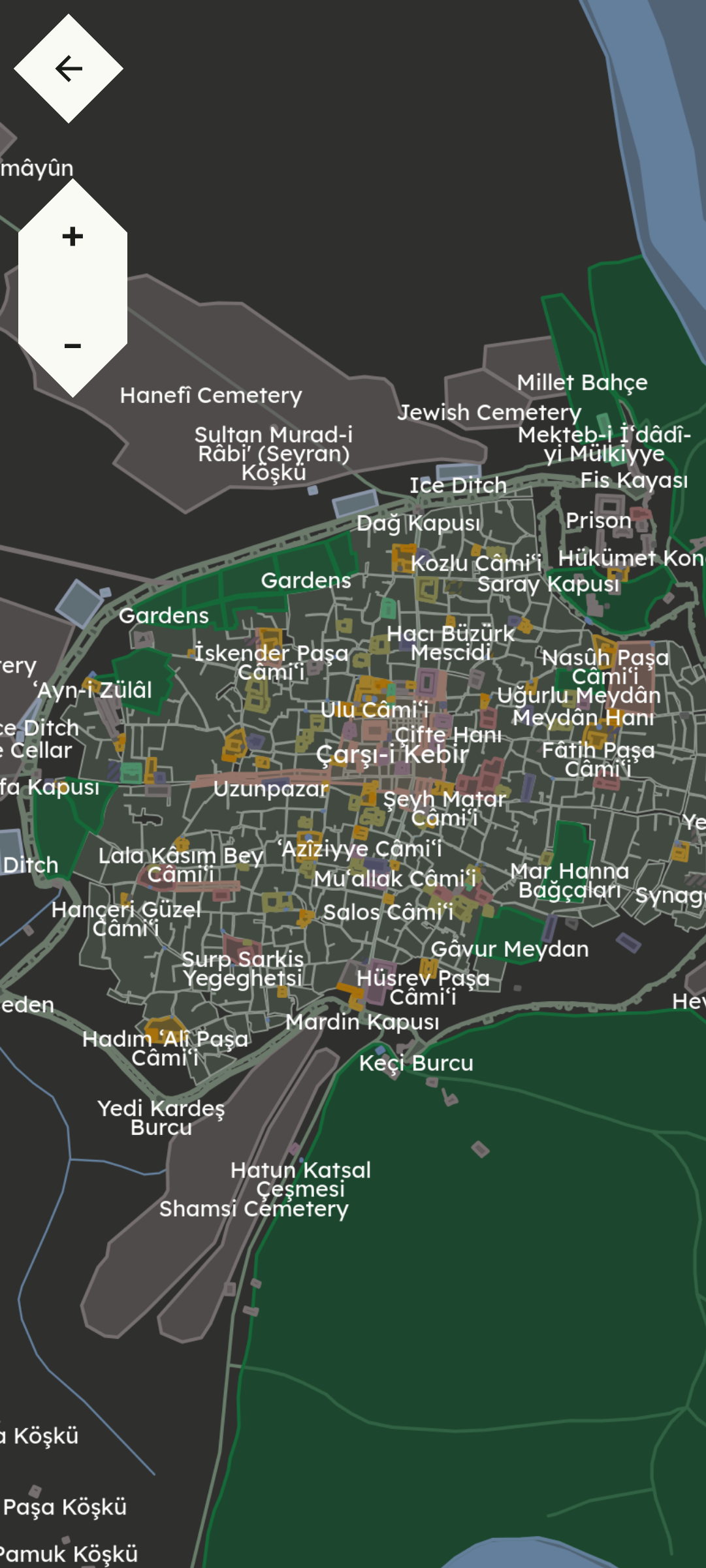 Map page of the Black Amid website, showing an interactive map of Diyarbekir